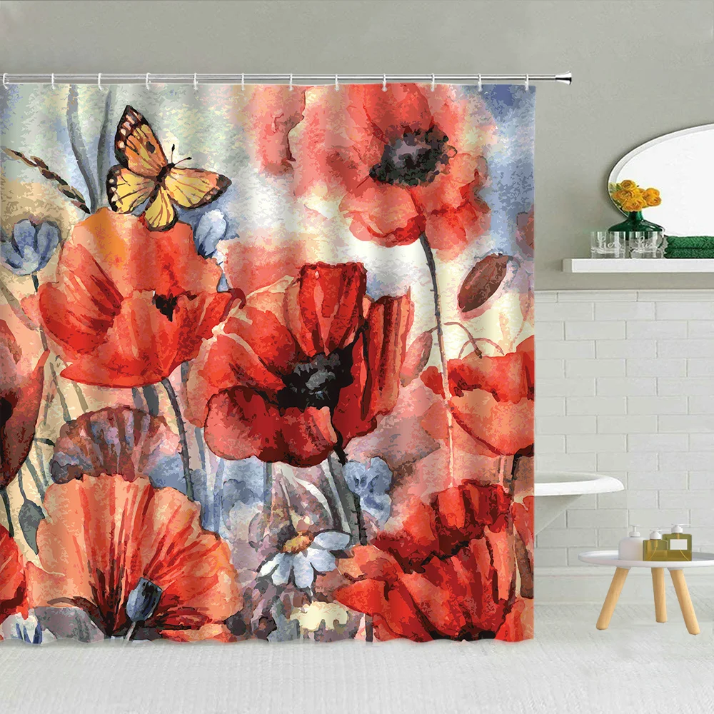 Занавеска для душа с красным маком картина маслом растения зеленые листья Ретро