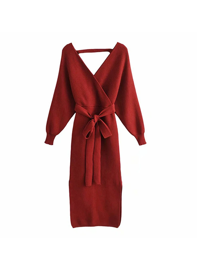 2019 Winter Super Nice Vintage Batwing Sleeve Collect Waist Wrap Hip Thick Knit Dresses V Neck Mid-Calf Long Dress Women Elastic | Женская