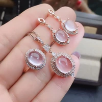 meibapj natural rose quartz gemstone fine jewelry set 925 silver necklace earrings and ring wedding jewelry for women
