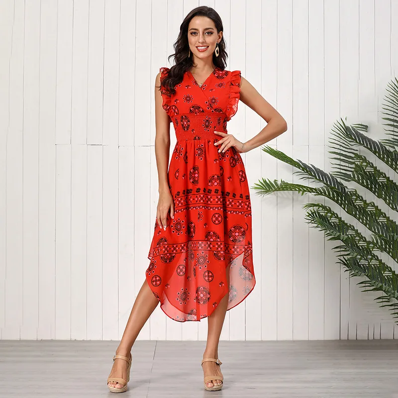 

2021 new summer retro print ruffled dress slim waist chiffon skirt woman dress dresses