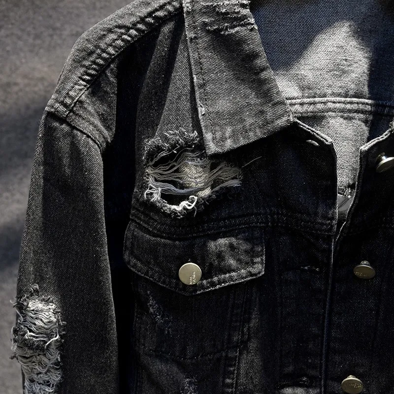 Джинсовая куртка унисекс с длинным рукавом однобортная рваная приталенная из