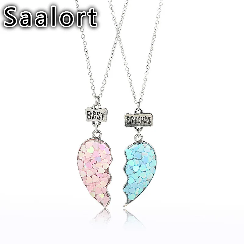 Розово-синие блестки сшитые сердца разбитое Ожерелье Лучшие друзья подвеска