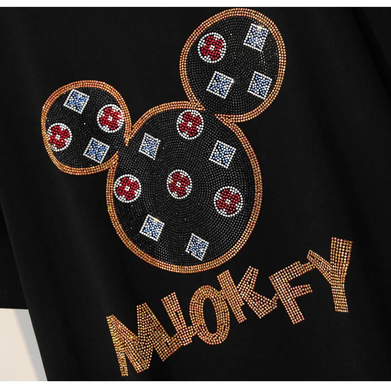 

Ladies T-Shirt Summer Hot Rhinestone Decoration Casual Short Sleeve T-Shirt Pure Cotton Loose Large Size T-Shirt Women's Top