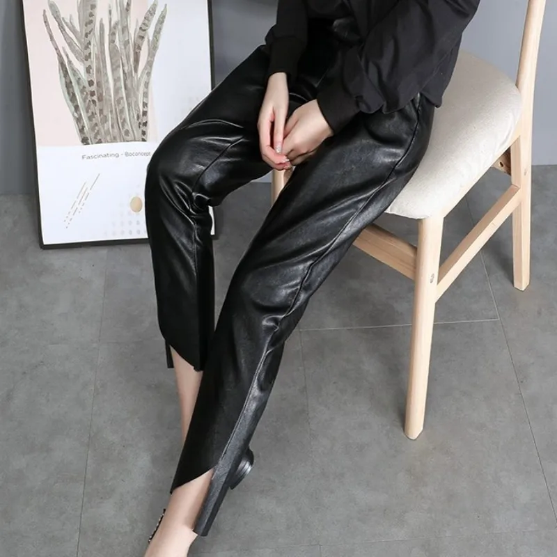 

Street Women Pu Leather Harem Pants Winter Loose High Waist Casual Trousers Top Quality Solid Color Black Office Lady Pants
