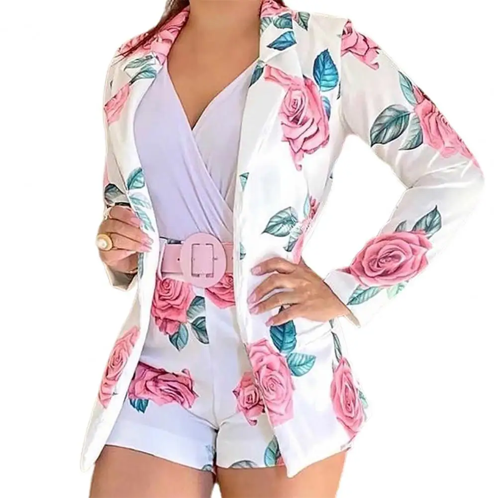 

Trendy Women Blazer Suit Long Sleeve Wide Leg Floral Print Blazer Shorts Set for Office Women Blazer Suit