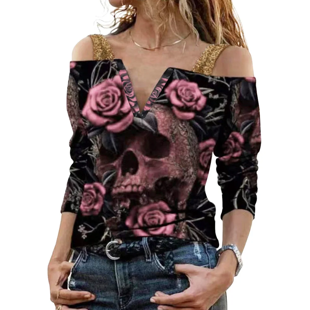

Women Long Sleeve Plus Size Top Rose Skull Printed Speghetti Strap Sexy T-shirts V-Neck Patchwork Gothic Street Tees Blouses