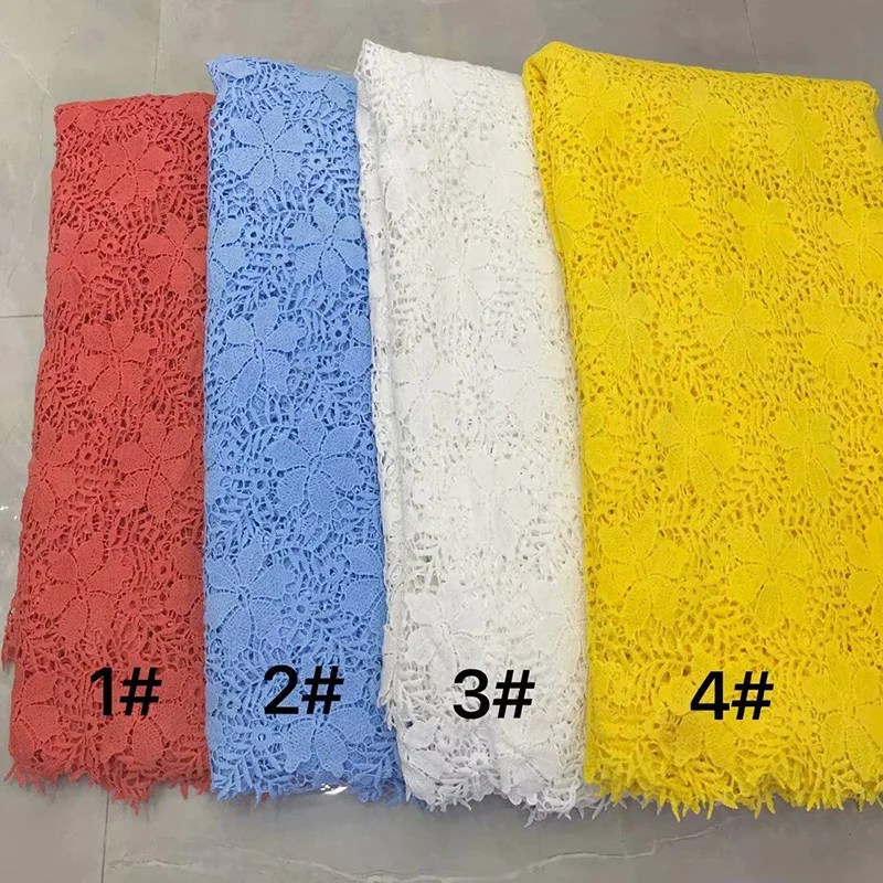 

African Cord Lace dress Fabric pure yellow color flowers design AJYW1 wholesale price milk silk material Water Soluble Lace