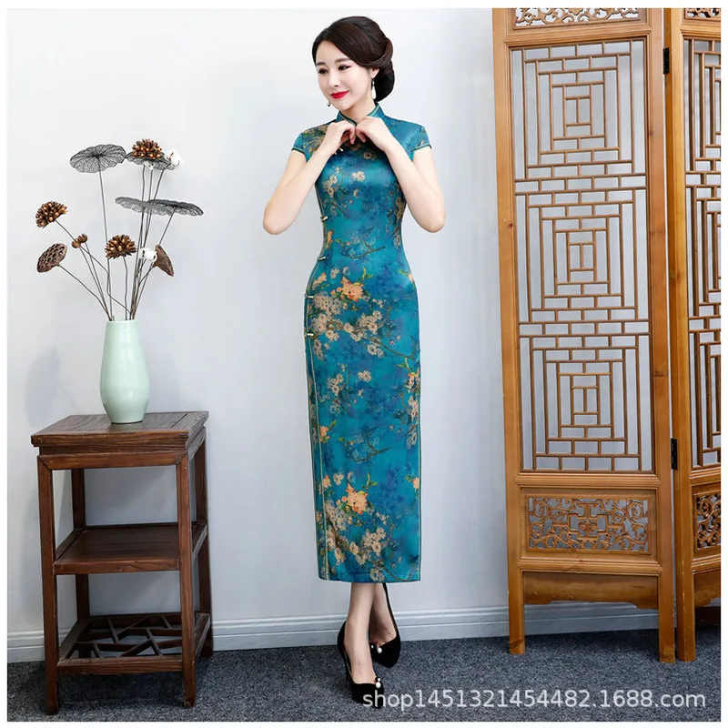 

Женское длинное платье-Ципао, винтажное платье из искусственного шелка в традиционном китайском стиле с цветочным рисунком, лето, 5XL, 6XL