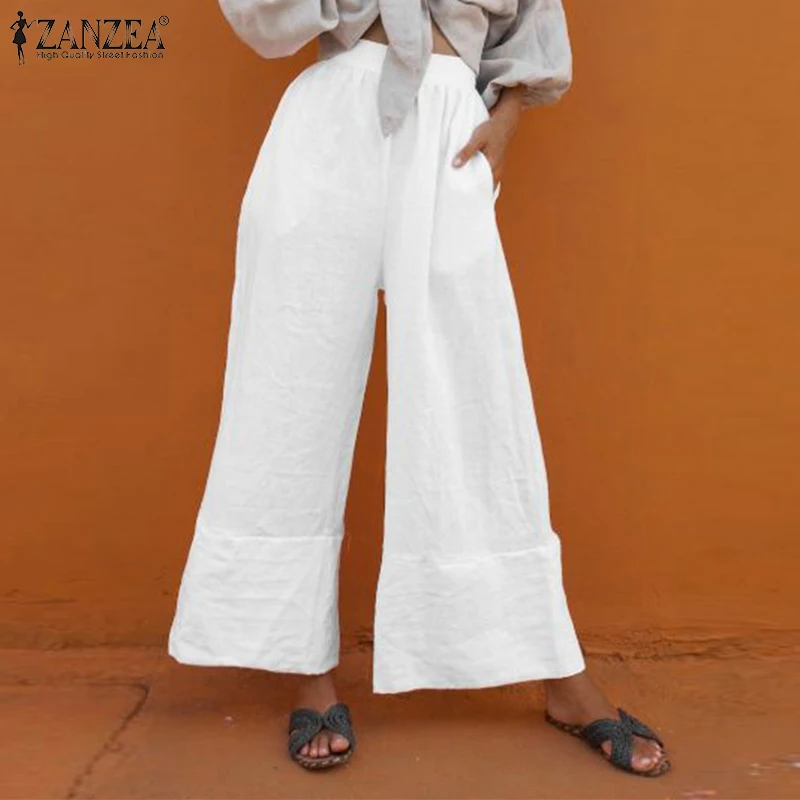 

Брюки ZANZEA женские с широкими штанинами, модные повседневные свободные штаны с завышенной эластичной талией, однотонные хлопково-льняные, л...
