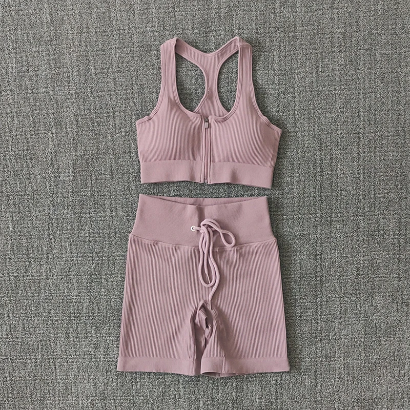 

Seamless Yoga Set 2 Piece Sportswear Women Zipper Sports Bra Drawstring Gym Shorts Workout Fitness Clothing Sports Suit