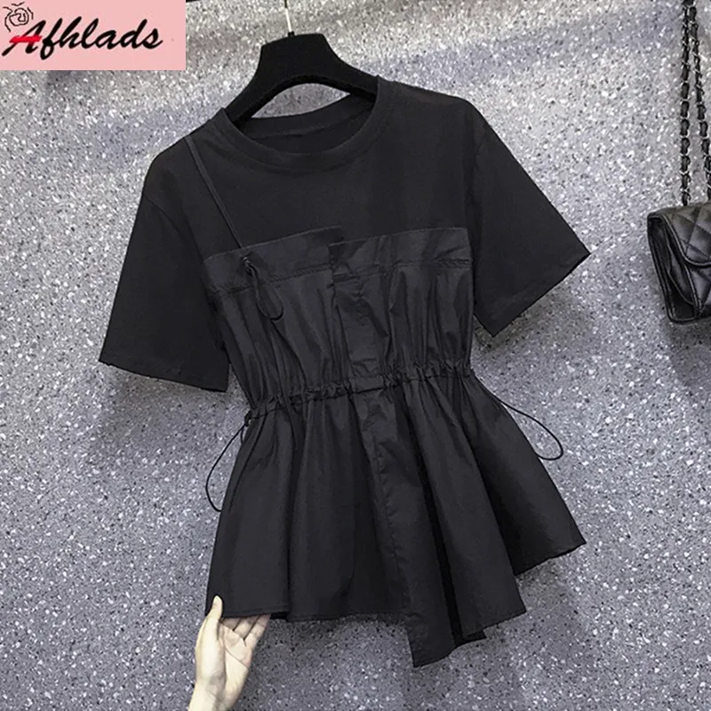 

Summer New Plus Size Asymmetrical Stitching Drawstring T-Shirt Solid Color Short Sleeve Round Neck Loose Casual Women Tops