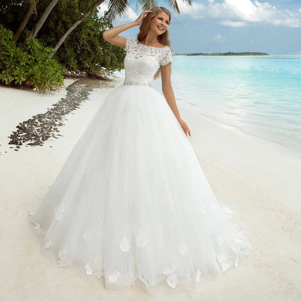 

Vestidos Elegant Wedding Dresses Tulle Illusion Appliques Sashes Bateau Short Sleeve Covered Button Ball Bridal Gowns