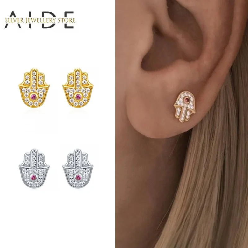 

AIDE Luxurious Zircon Palm Stud Earrings For Women Mini Trendy Piercing 925 Sterling Silver Earings Fine Jewelry Gift kolczyki