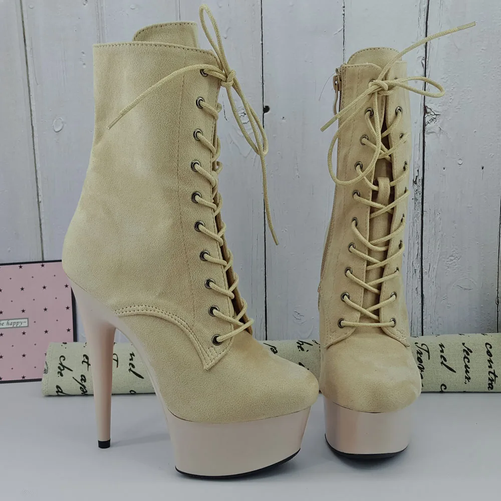 

Leecabe 15CM/6Inches Beige Painting platform with Beige suede upper High Heel platform Boots Closed toe Pole Dance boot