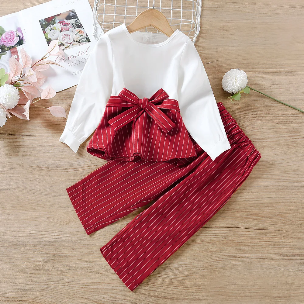 

Striped Belt Tops Long Pants Toddler Girls Outfits 2022 Spring Autumn Baby Kids Long Sleeve Shirts Pants Children Clothing Sets