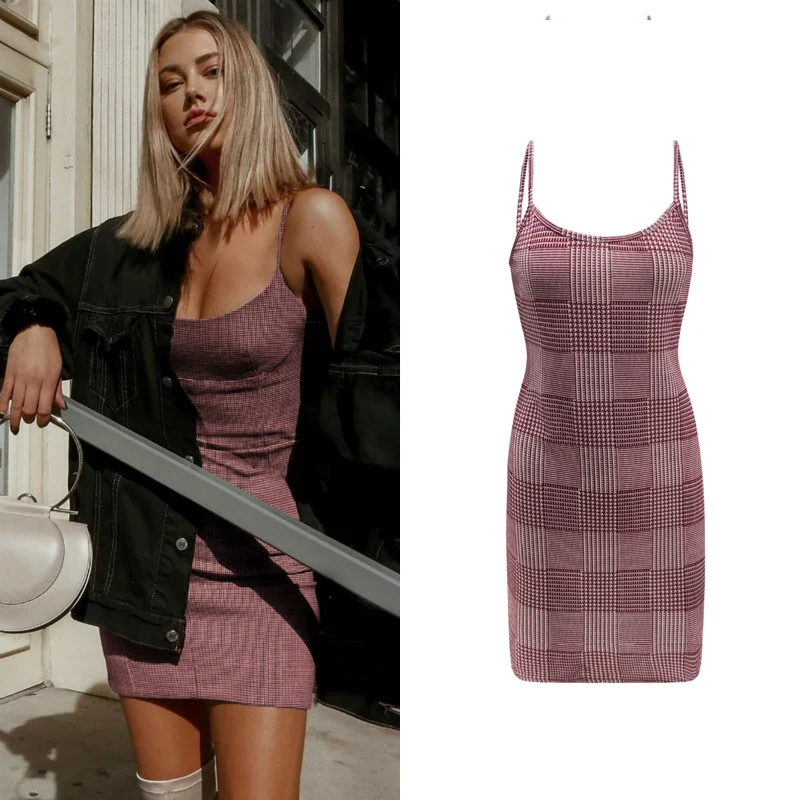2020 модное женское клетчатое платье сексуальное с глубоким вырезом на бретельках