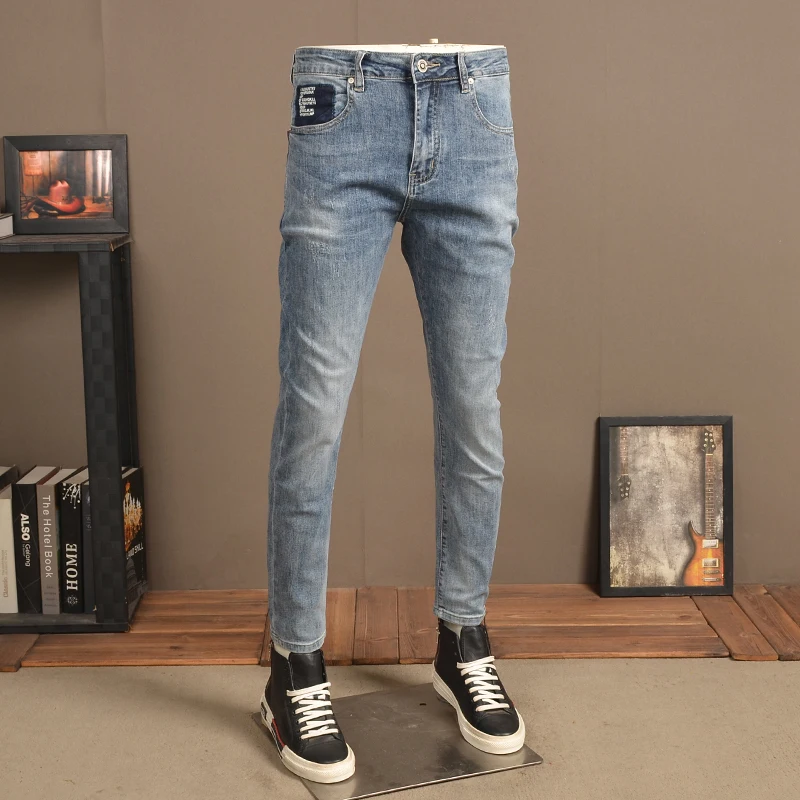 

Новые мужские синие джинсы с буквенным принтом, повседневные облегающие брюки-карандаш, уличная одежда, джинсовые брюки