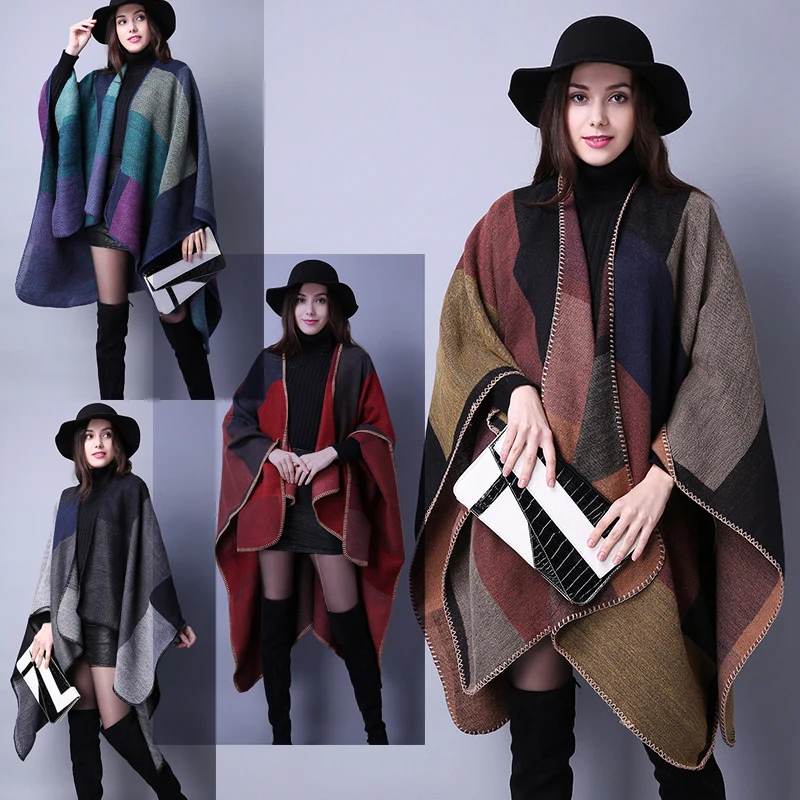 Осенне-зимняя плотная накидка с рукавом летучая мышь пончо Женская шаль в клетку