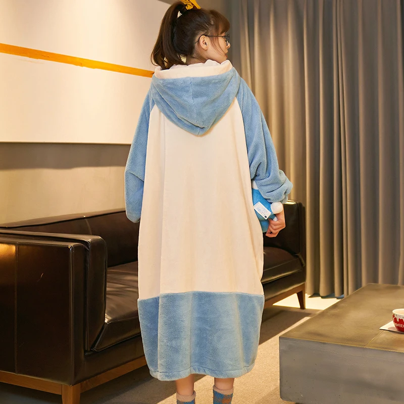 

Doraemon Fleece Warm Night Dress Women Sleepwear Pijama Warm Hooded Night Gowns Ladies Cartoon Night Wear 2021 Winter