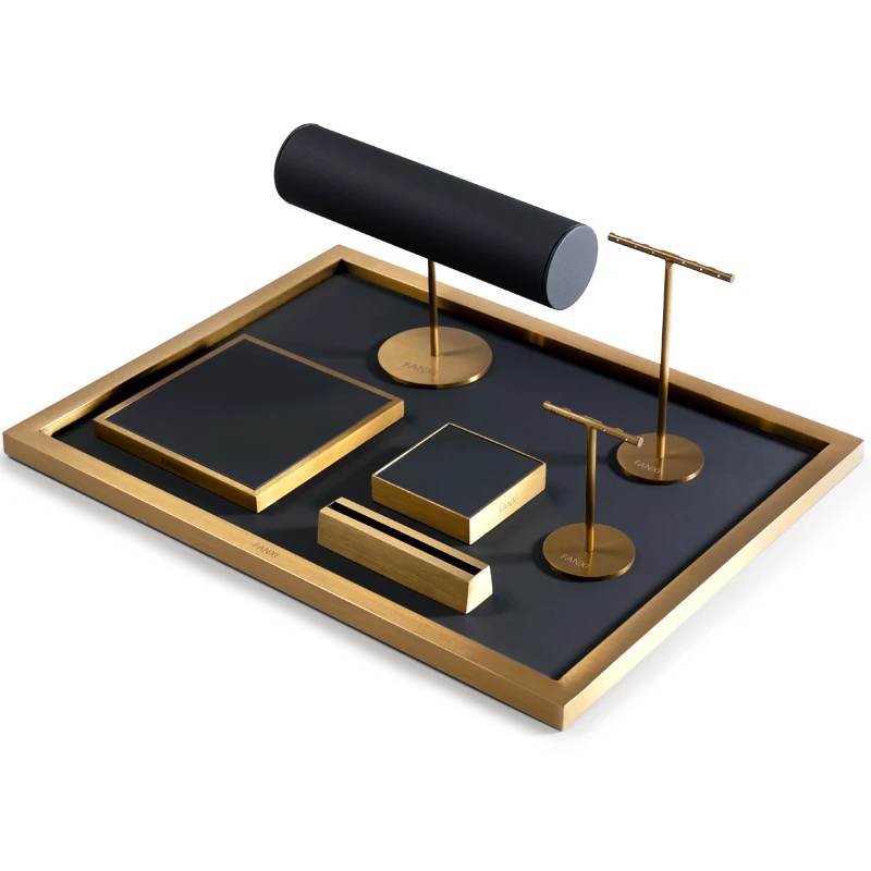 Oirlv Newly Metal Jewelry Display Prop Sets Light Luxury PU Leather Bracelet Ring Earrings Display Rack for Shop Cabinet