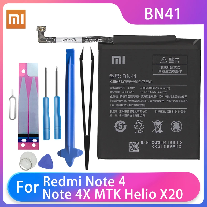 

Оригинальный телефон Xiaomi Redmi Note 4 Hongmi Note 4 / Note 4X MTK Helio X20 батареи BN41 4100 мАч бесплатные инструменты AKKU для телефона