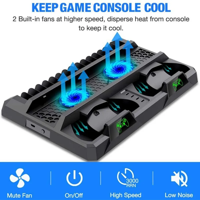 

PS4 Stand Cooling Fan PS4 Pro Vertical Cooler With Dual Controller Charge Station & 16 Game Storage For PS4 Slim PS4 Pro