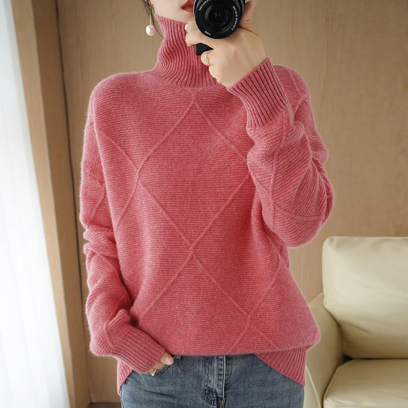 

Lafarvie Autumn Winter Women Wool Sweater Knitted Turtleneck Casual Oversized Female Pullover Quality Clothing Pull Jumper Full