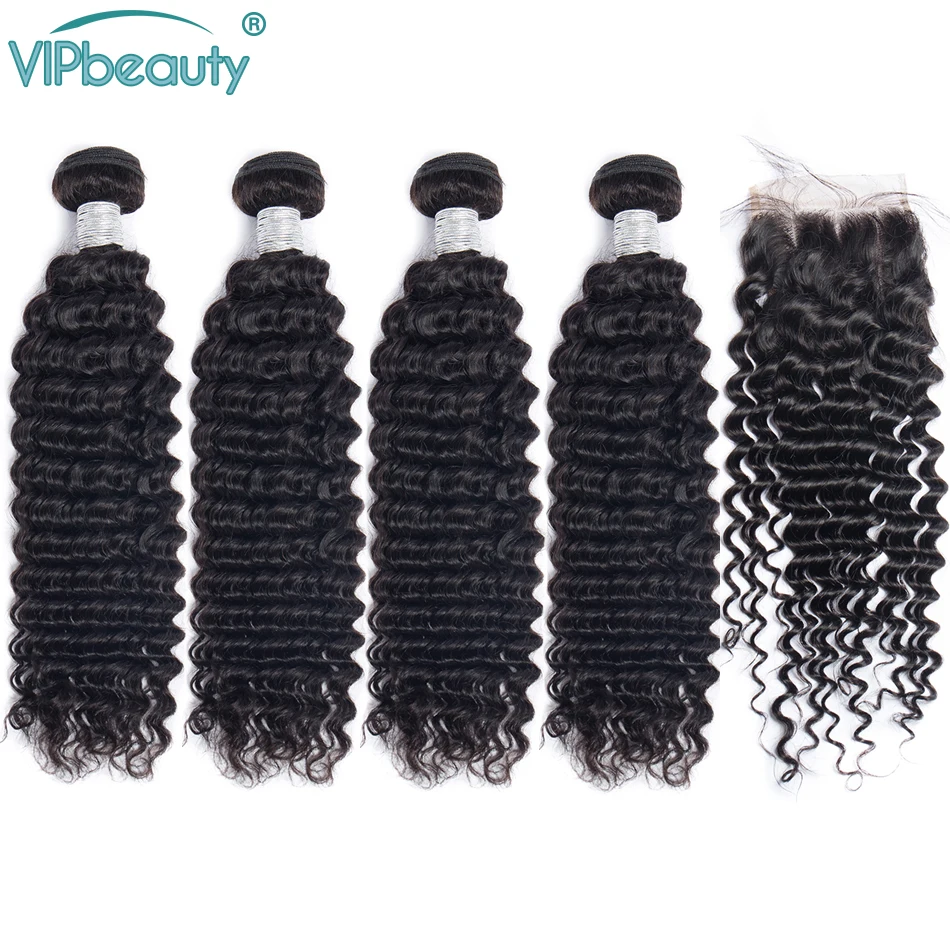 VIPBEAUTY пучки вьющихся волос с закрытием перуанские волосы 4 пучка м Remy 100%