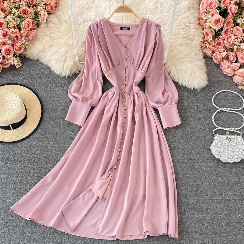 

Fashion Chic Summer Elegant V-neck Pleated Solid Pink White High Waist Slim Puff Sleeve Long Party Dress For Women Lady 2021 New
