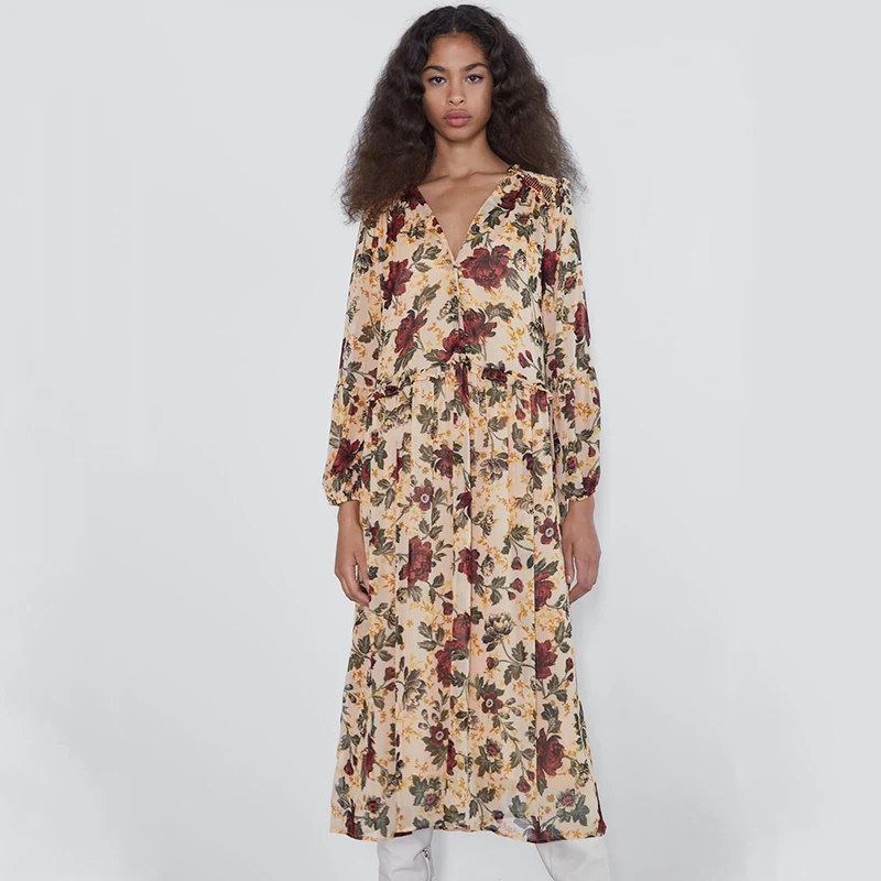 Модное осенне-летнее платье Boho ZA с принтом женское элегантное свободное платье с бантом вечерние подарки дружбы/девушки новейшее платье V/o-образным вырезом - Цвет: 6