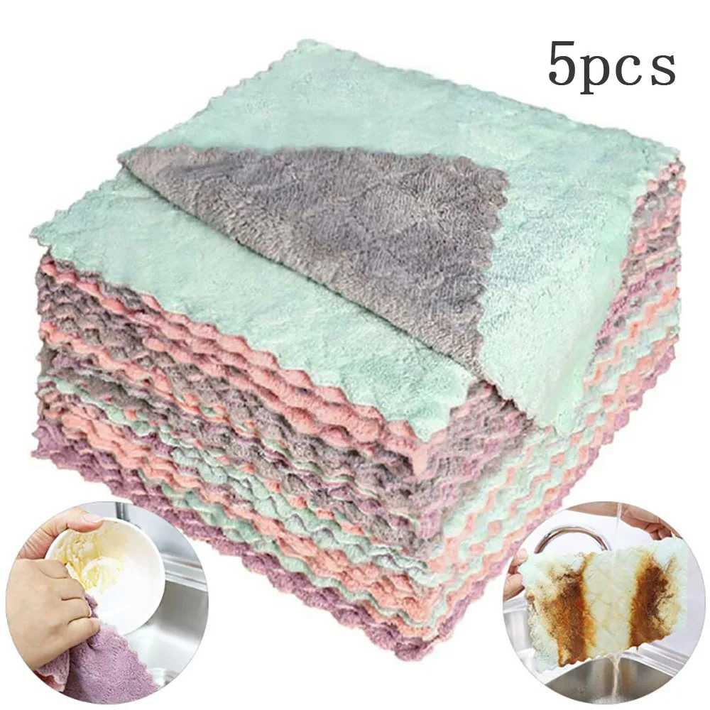 

5Pcs Non-oil Lazy Rag Kitchen Dish Towel Absorbent Clean Double-sided Thick Coral Fleece Household Cleaning Cloth 25x25cm