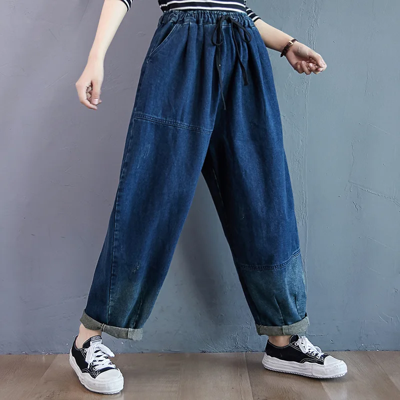 

Джинсы-шаровары женские с завышенной талией, повседневные брюки из денима с широкими штанинами, с большими карманами, черные мешковатые джи...