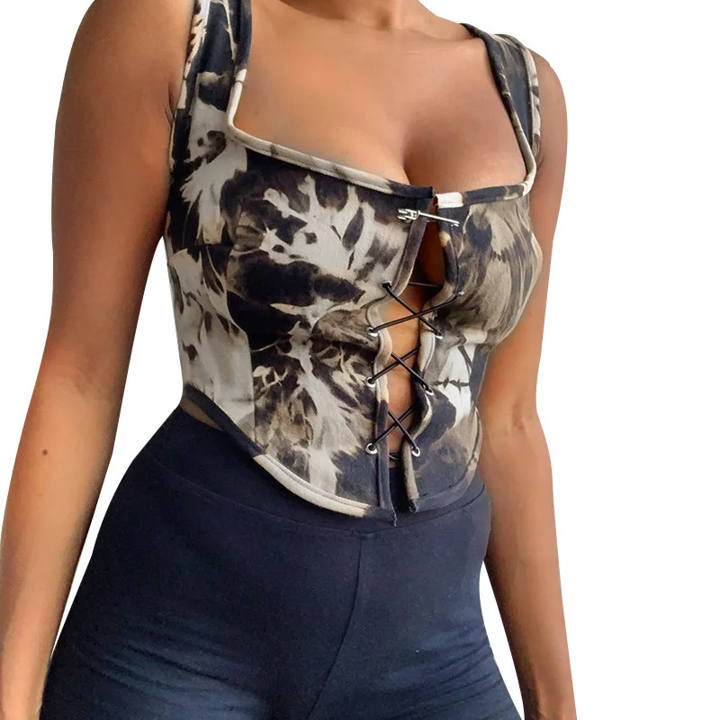 

Sexy Lace Up Tank Tops Women Camouflage Print Punk Fairycore Fairy Grunge Gothic Aesthetic Y2k Sleeveless Vest Party Crop Tops