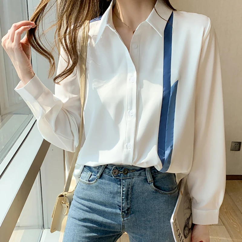 Блузка женская шифоновая с отложным воротником и длинным рукавом - купить по