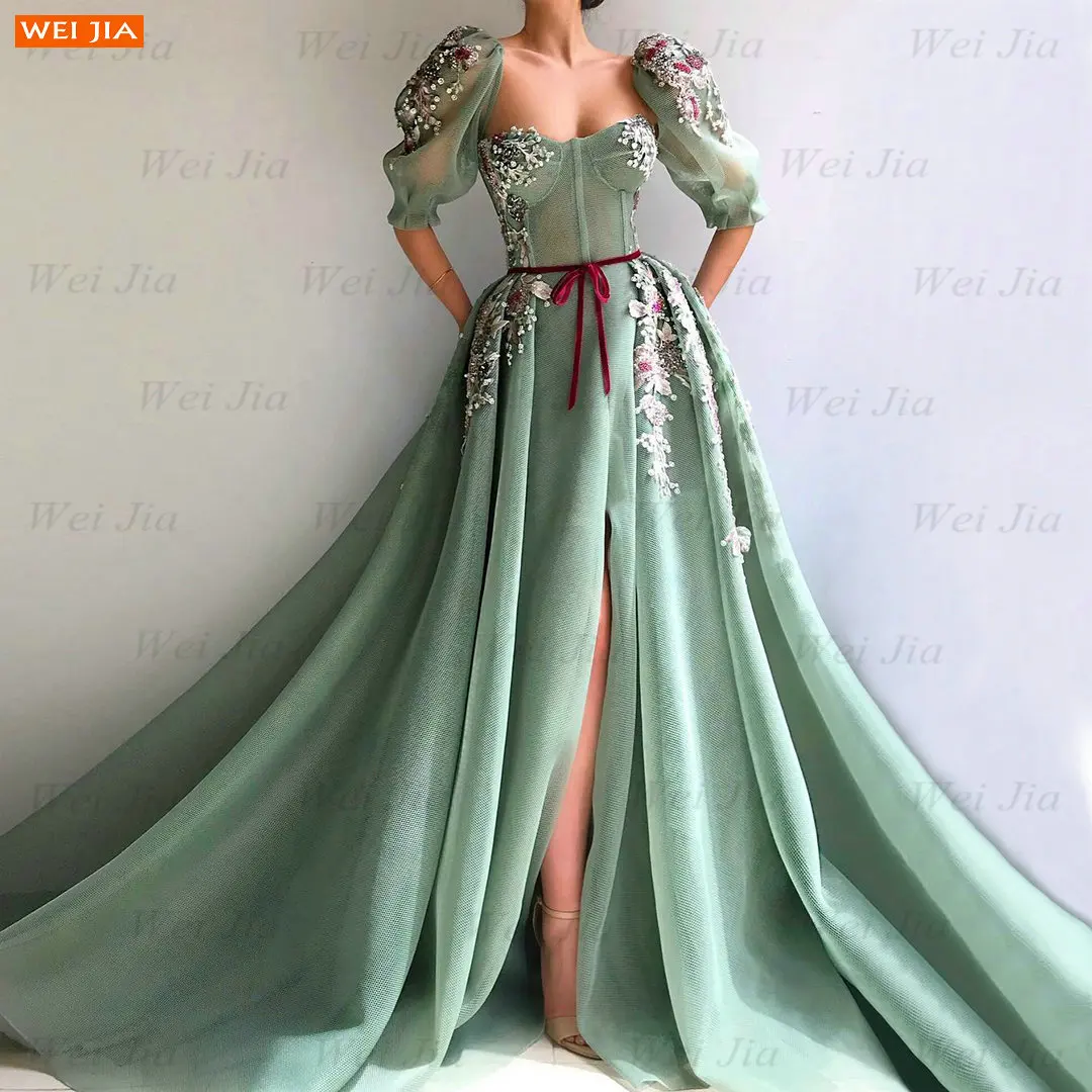 Vestido largo de fiesta para mujer, prenda de tul con apliques laterales, color verde salvia, 2021