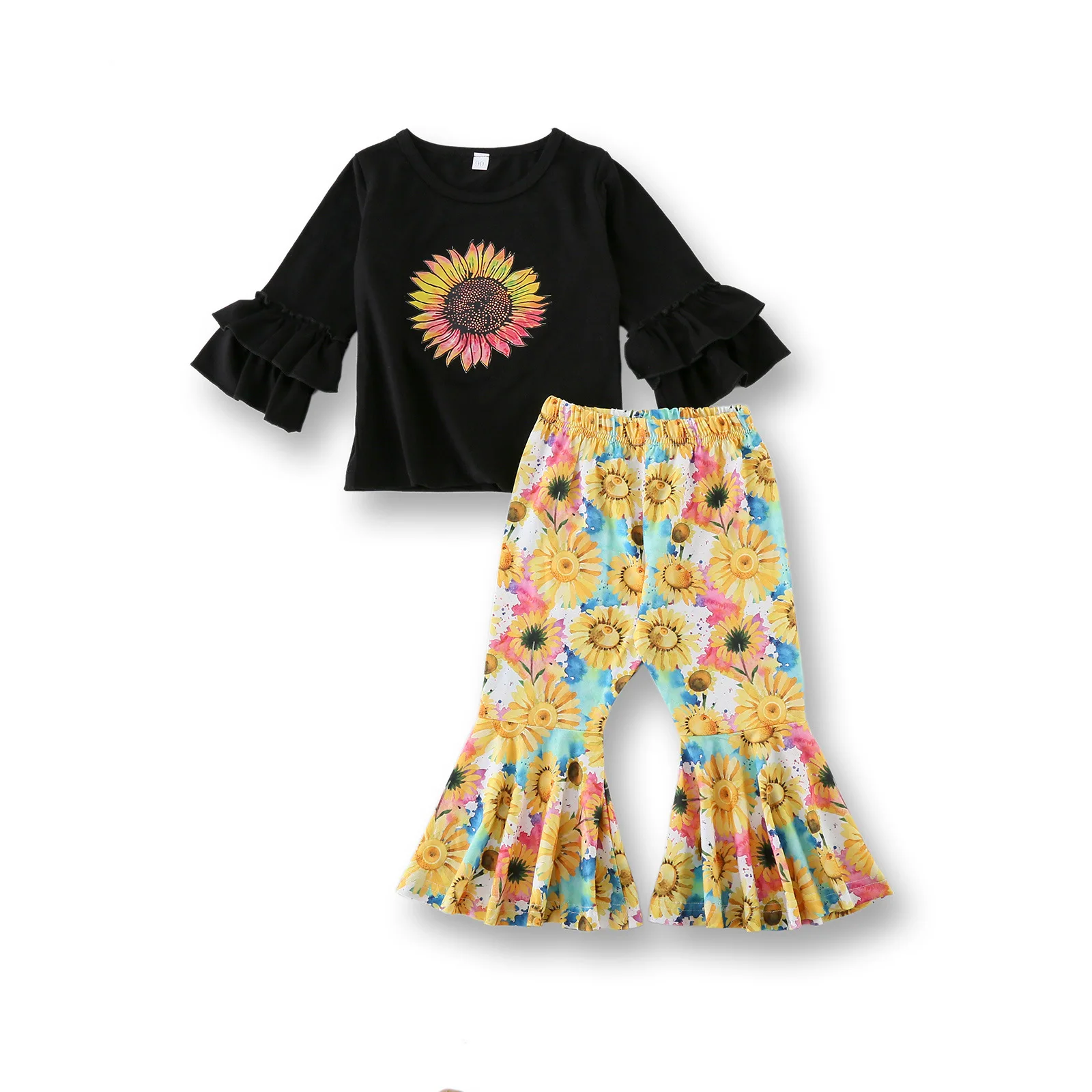 

2021 Весенняя детская одежда для девочек Футболка с расклешенными рукавами и штаны с цветочным принтом Модный комплект из 2 предметов для дев...