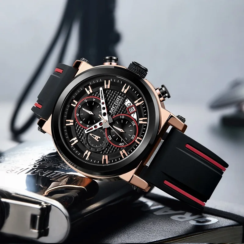 Часы MEGIR Мужские кварцевые с большим циферблатом люксовые Брендовые спортивные