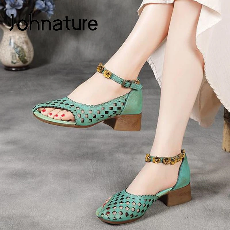 

Женские босоножки из натуральной кожи Johnature, босоножки ручной работы в стиле ретро с ремешком и пряжкой, ажурные сандалии на платформе, для л...
