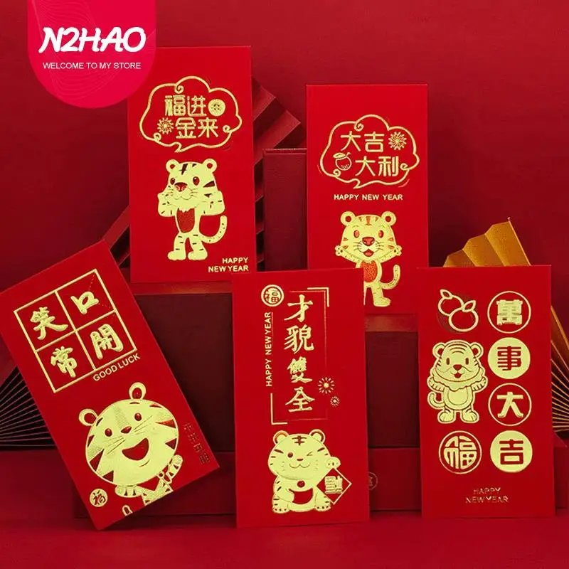 

6pcs New Year Spring Festival 2022 Red Envelopes Cartoon Tiger Chinese Festival Red Packages Lovely Gift Money Envelopes