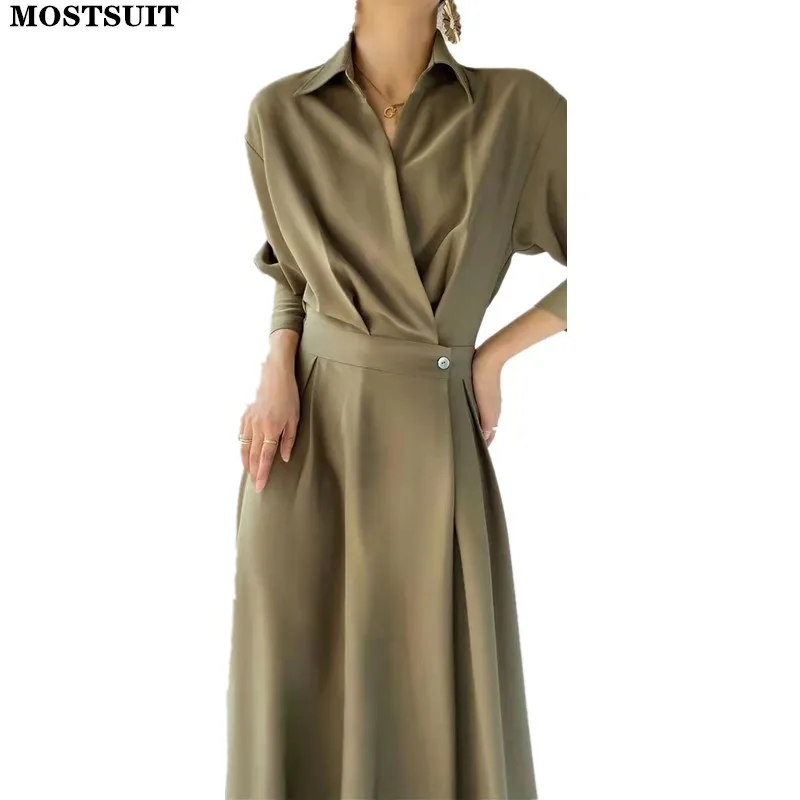 

Solid Elegant Workwear Shirt Dress Women Spring Autumn Full Sleeve Turn-down Collar Long Dresses Fashion Chic Ol Style Vestidos