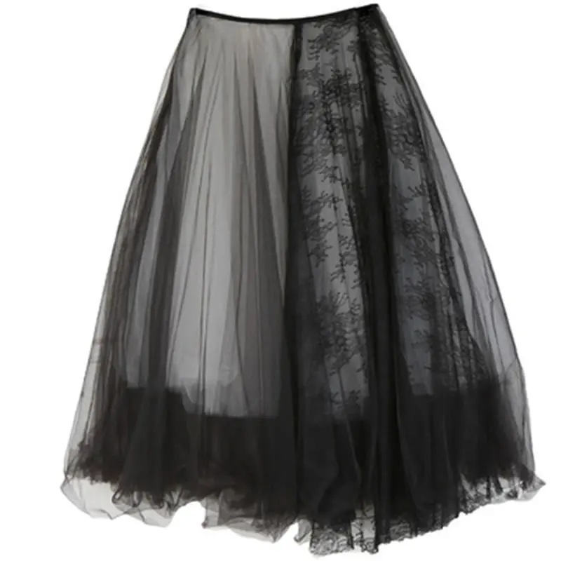 

XITAO Fashion New Mesh Skirt Contrast Color Asymmetrical Splicing Lace Women Casual Loose Trendy Puffy Skirt 2021 DZL2589