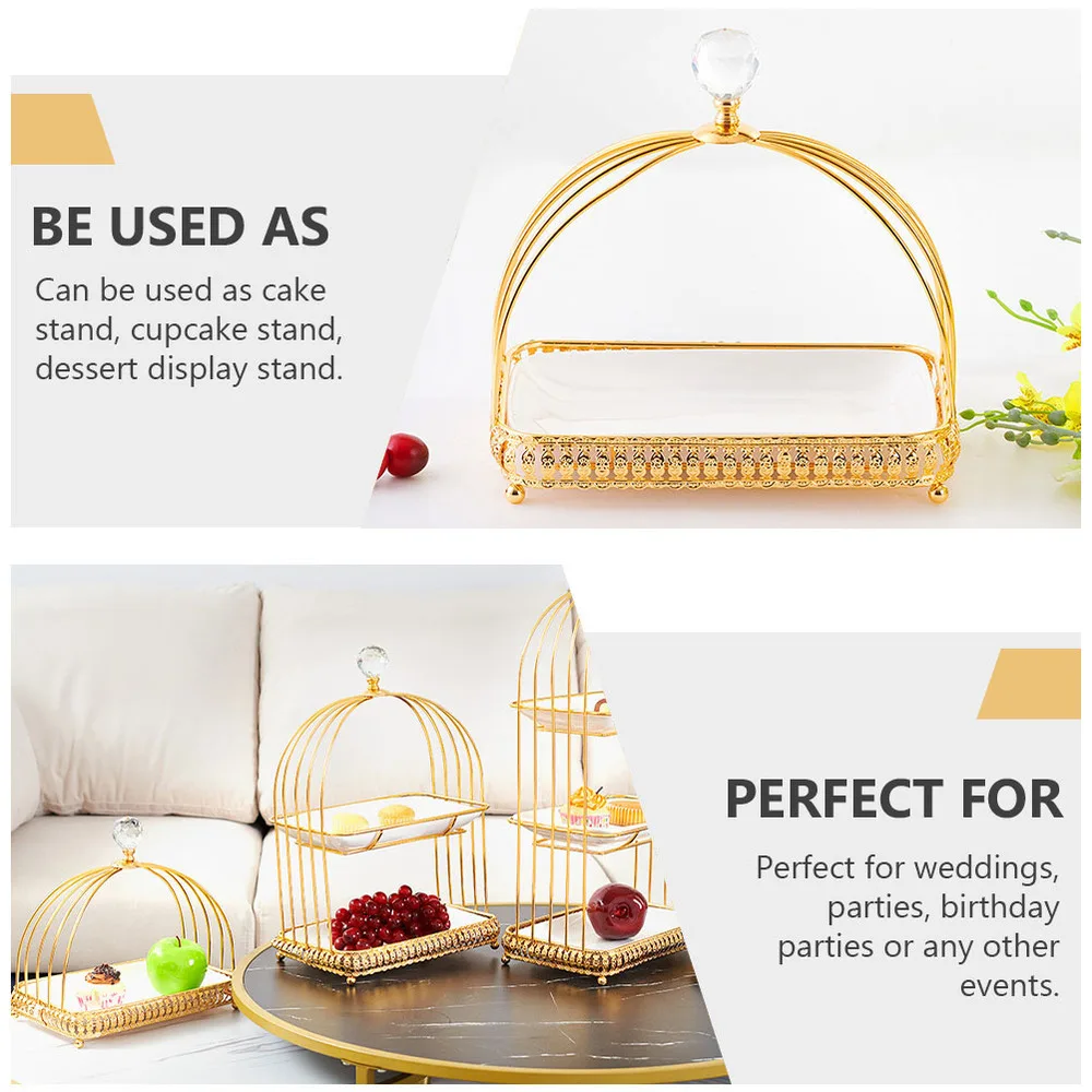 

1 Set of Bird Cage Shaped Cake Rack Dessert Rack with Ceramic Tray (Golden)