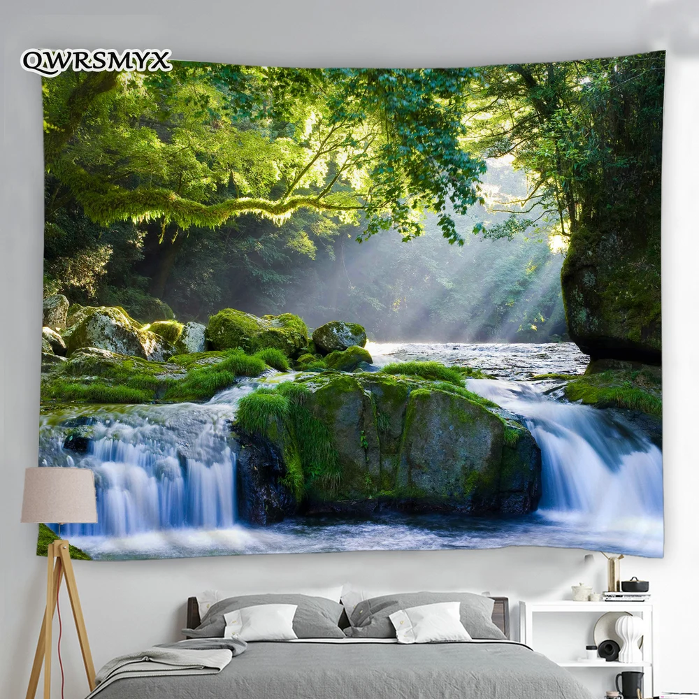 

Пейзаж под солнечным светом, водопад, настенный гобелен, ландшафтное украшение для спальни, комнатный декор, эстетическая стена