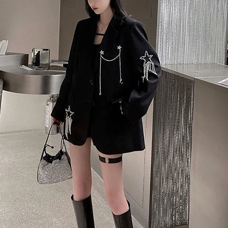 

Black Long Chain Suit Jacket Female Casual Chic Tassel Streetwear Loose Suit Coat 2021