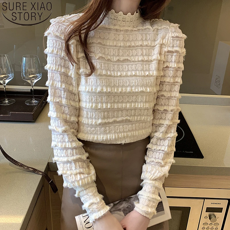 

Элегантные топы, Корейская осенне-зимняя кружевная нижняя рубашка, женская блузка, плиссированные винтажные рубашки с длинным рукавом и во...