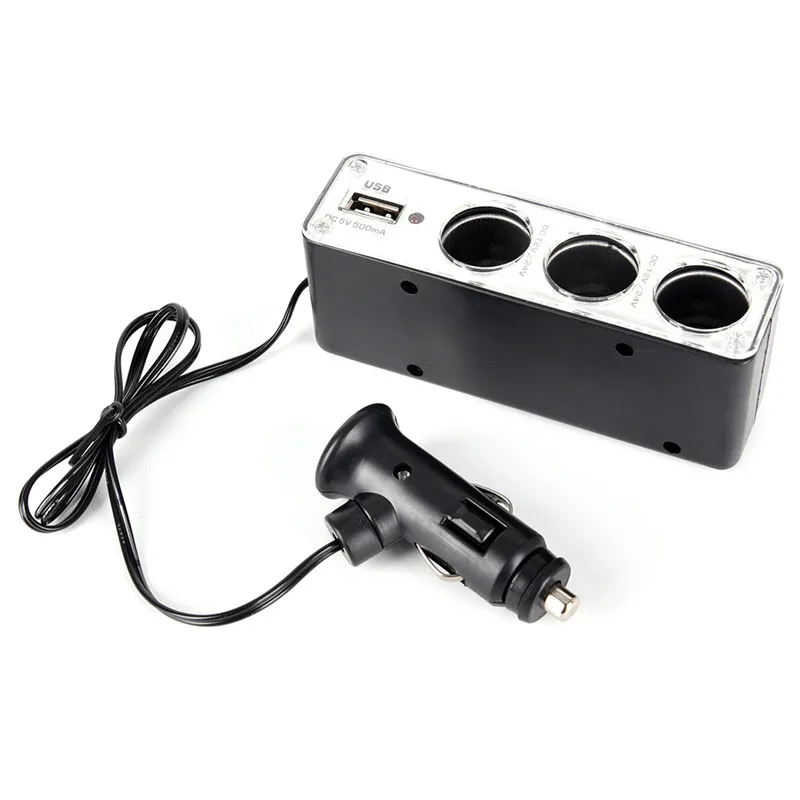

1Pcs Triple Socket Splitter Cigarette Lighter Adapter Plug & USB Port 3 Way Charger