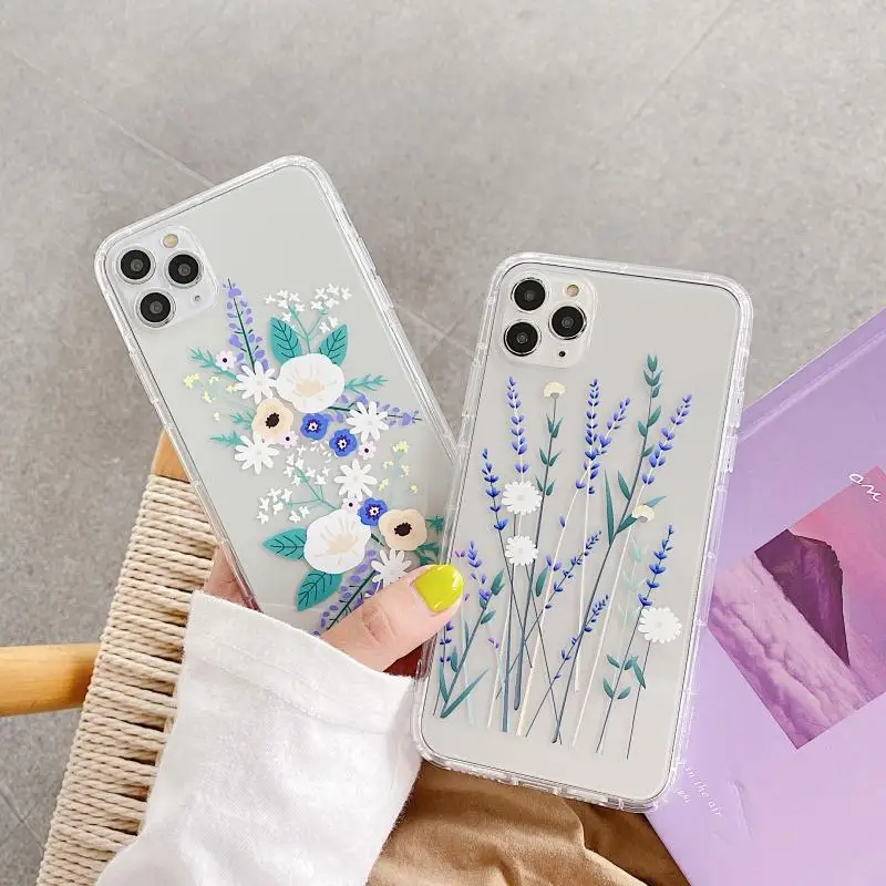

Lavender Flower Phone Case For iPhone 12 Mini 11 Pro XR X XS Max 8 7 Plus SE 2020 Cute Floral Leaves Clear Soft TPU Back Cover