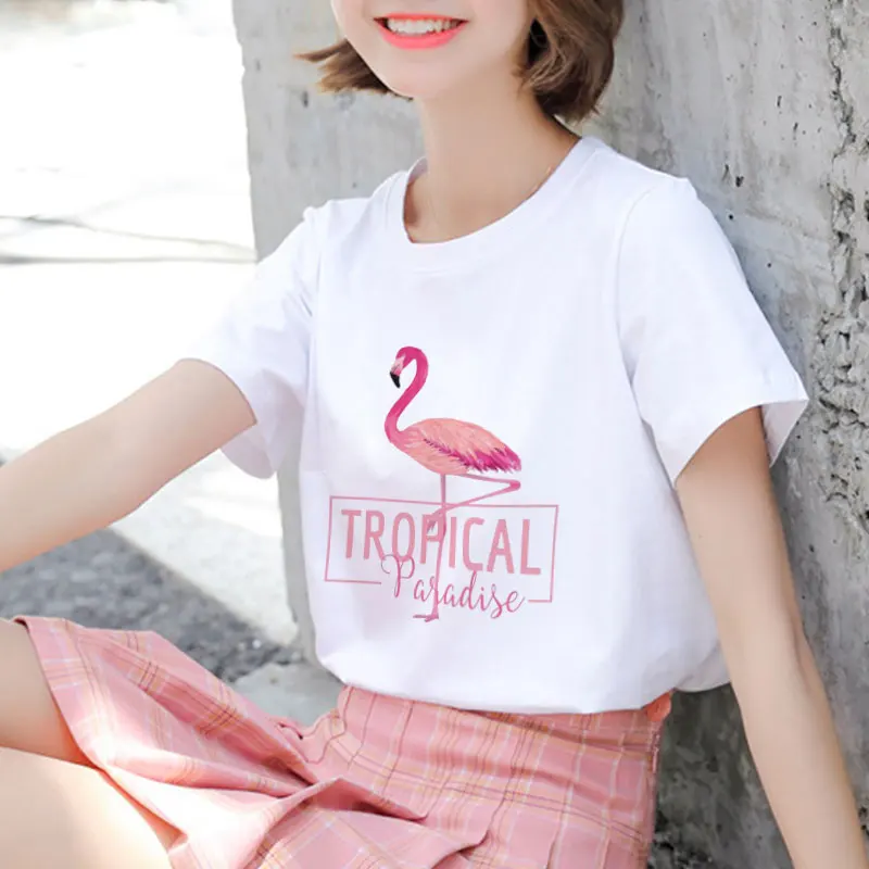 

Женская футболка с принтом в виде фламинго, тропического рая футболка, новинка 2021, летняя уличная одежда, футболка в стиле Харадзюку, кавайн...