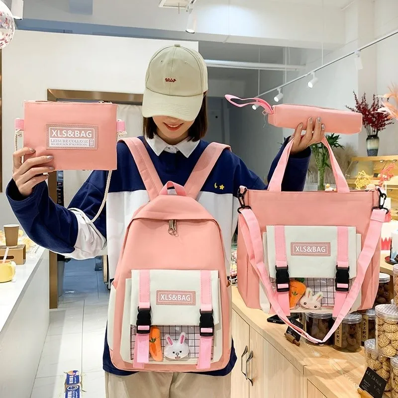 

4 Pcs Set Backpacks Casual School Bag For Teenage Girls Women Backpack Student Cute Canvas Shoulder Bags Kawaii Kids Book Bag