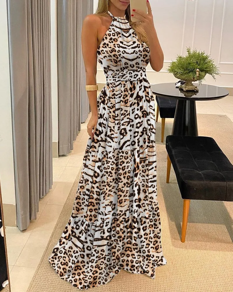 

Butterfly print dress leopard print halter neck waist big swing mopping floor evening dress sexy long skirt